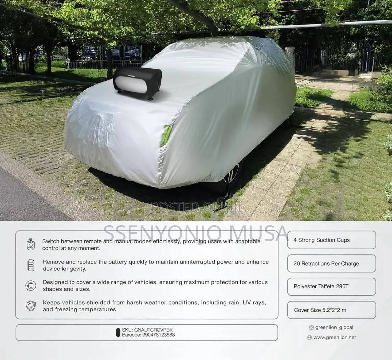 Green Lion Auto Retractable Car Cover With Remote Control - Black