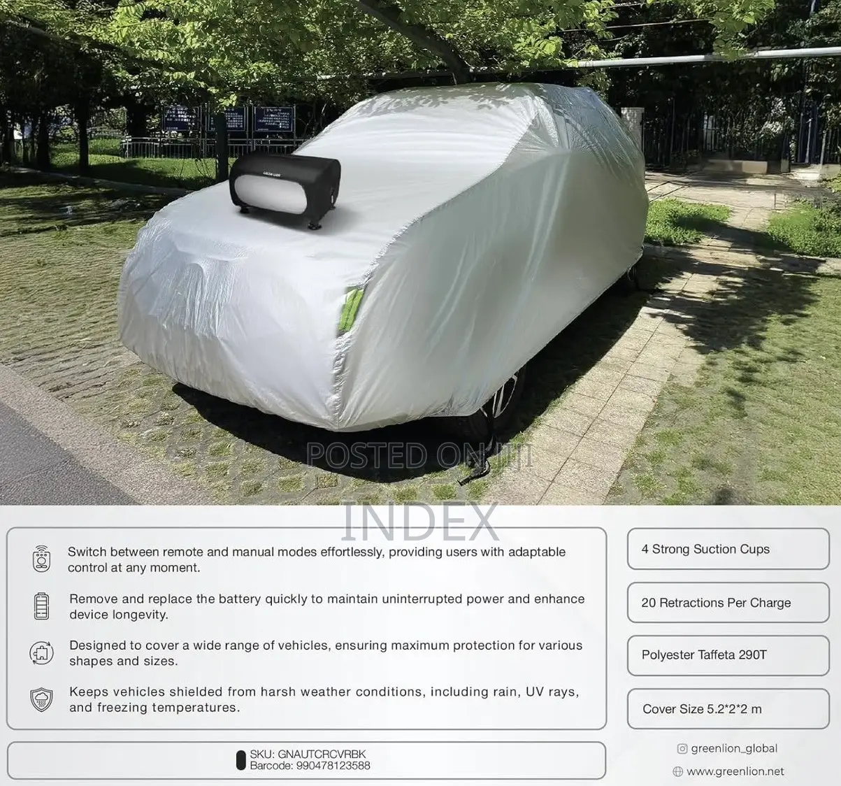Green Lion Auto Car Cover With Remote Control, Quick 10s Retraction