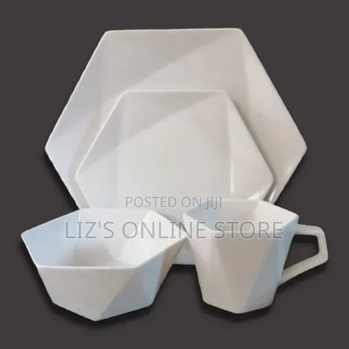 24 Pieces of Hexagonal Plates, Bowls, Cups, Dinner Set- White