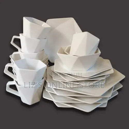 24 Pieces of Hexagonal Plates, Bowls, Cups, Dinner Set- White
