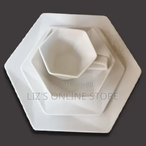24 Pieces of Hexagonal Plates, Bowls, Cups, Dinner Set- White