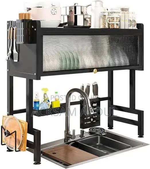 A Black Carbon Steel, 2-Tier Over-the-Sink Kitchen Organizer