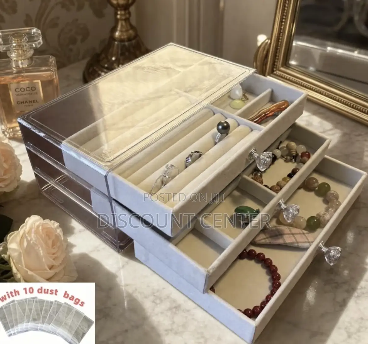 3 Layer Jewelry Organizer Box Velvet + Acrylic