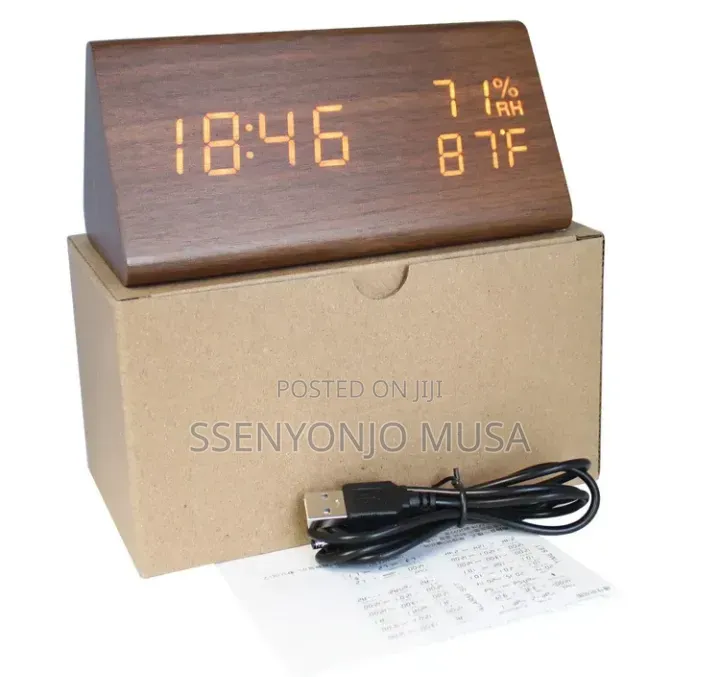 Wooden Digital Alarm Clock With Led Display, Temperature, Humidity