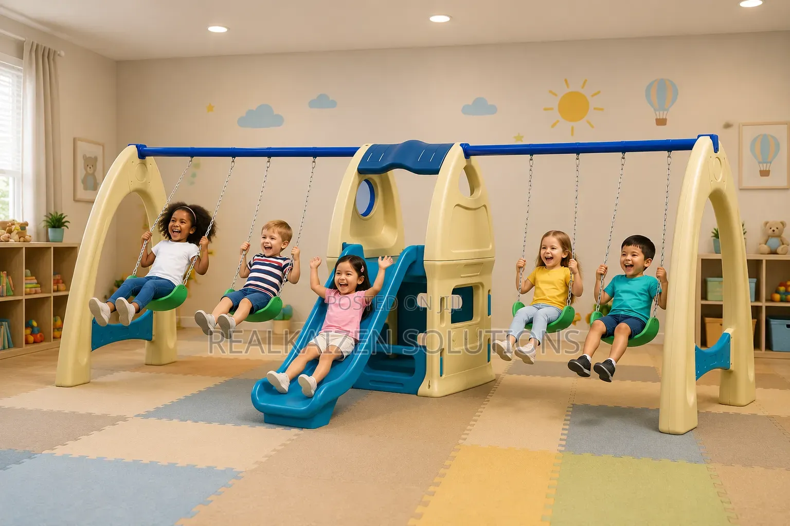 Premium Plastic Kids Playground Set With 4 Swings Centre Slide