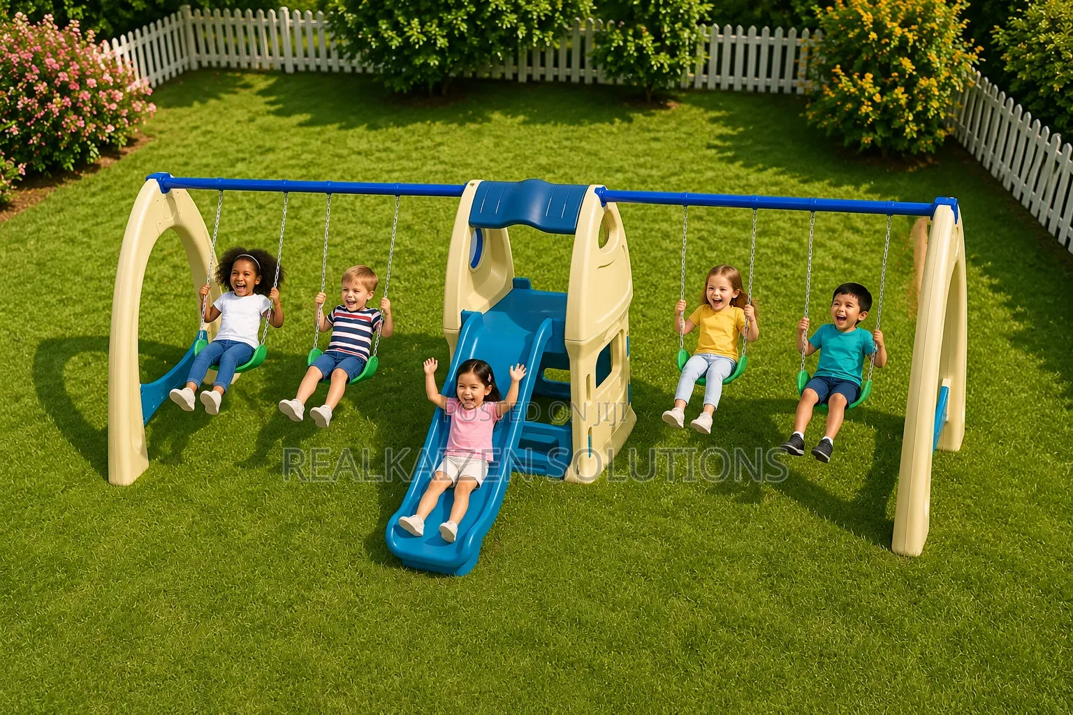 Premium Plastic Kids Playground Set With 4 Swings Centre Slide