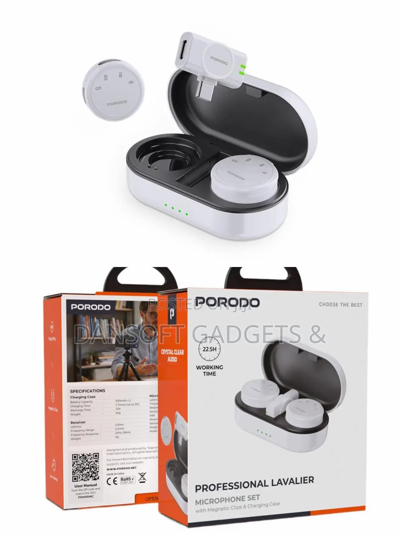 Porodo Wireless Lavalier Microphone Set – 22.5h Working Time