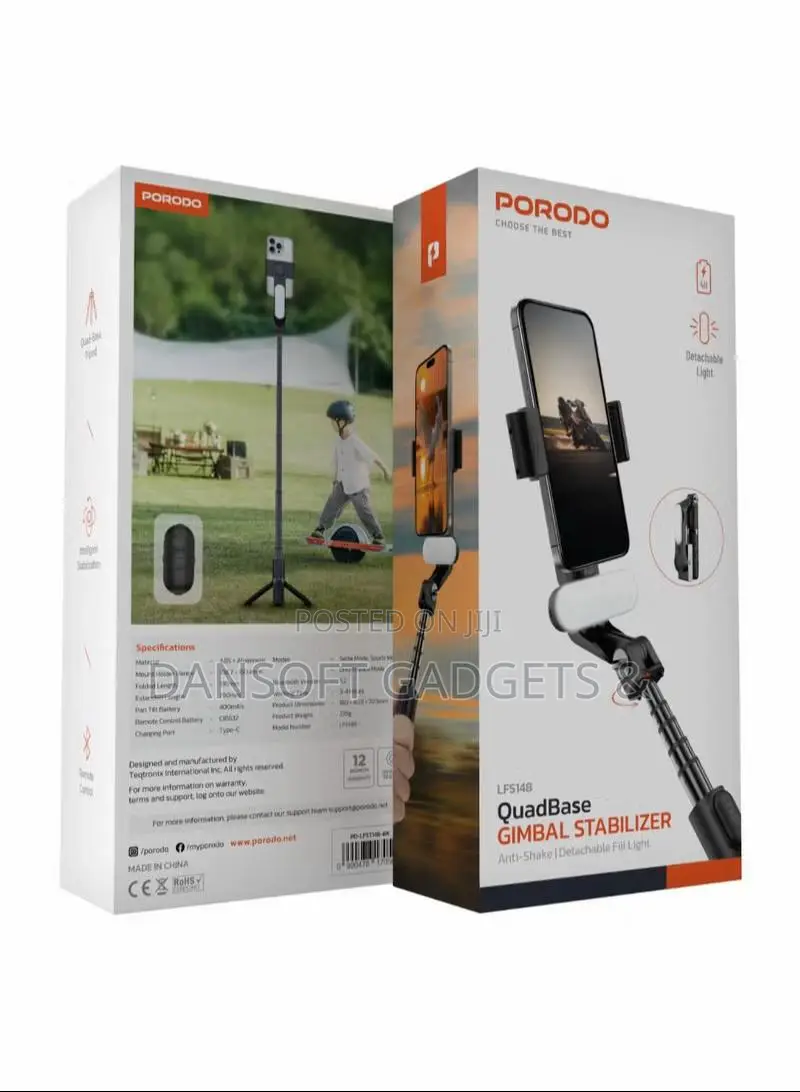 Porodo Quadbase Gimbal Stabilizer Detachable Fill Light – Anti-Shake