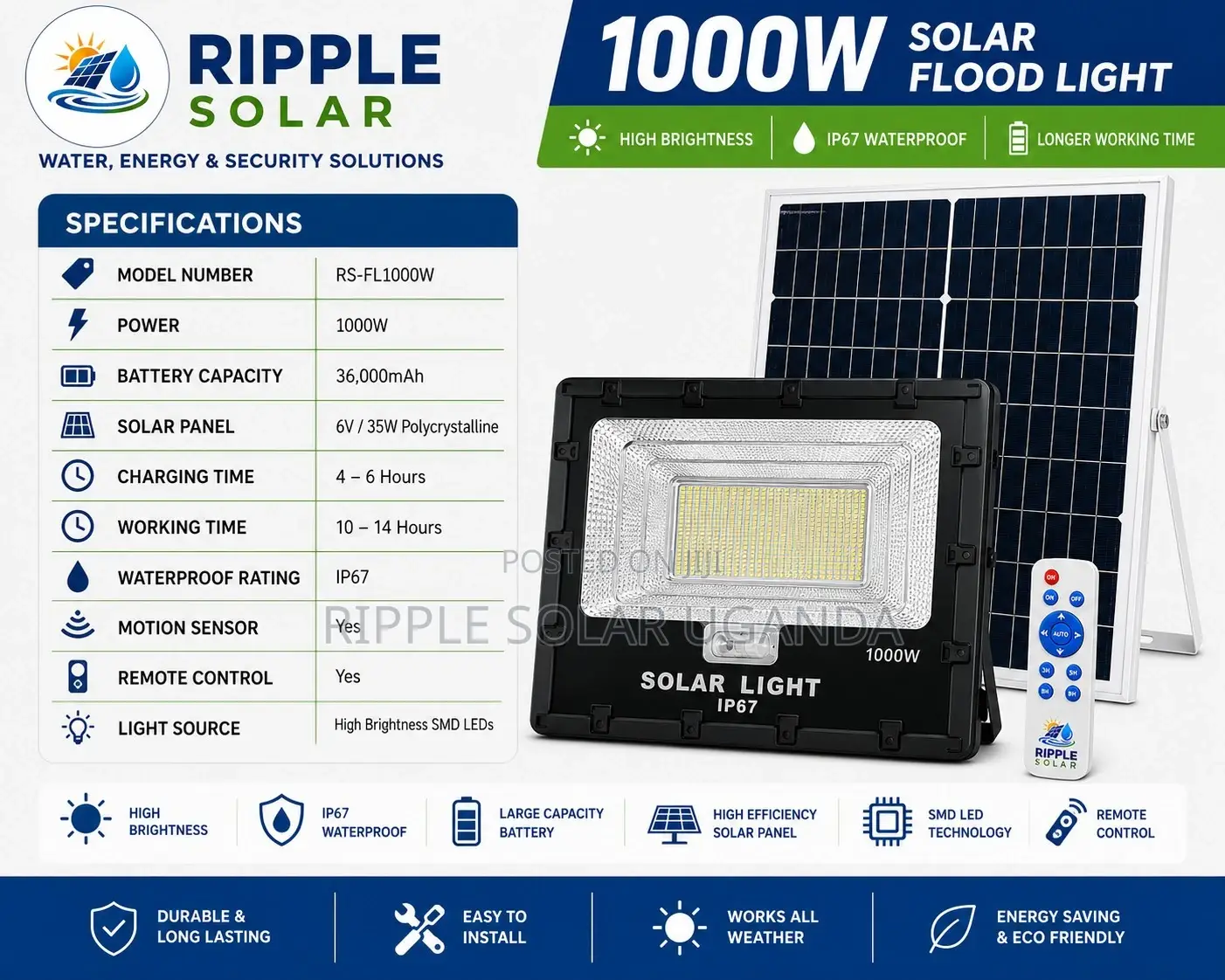 1000w Solar Flood Light With Panel & Remote Ip67 Outdoor Security