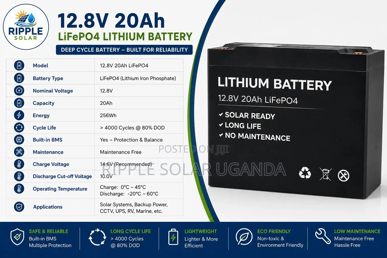 12.8V 20Ah LiFePO4 Lithium Battery Solar Deep Cycle Battery