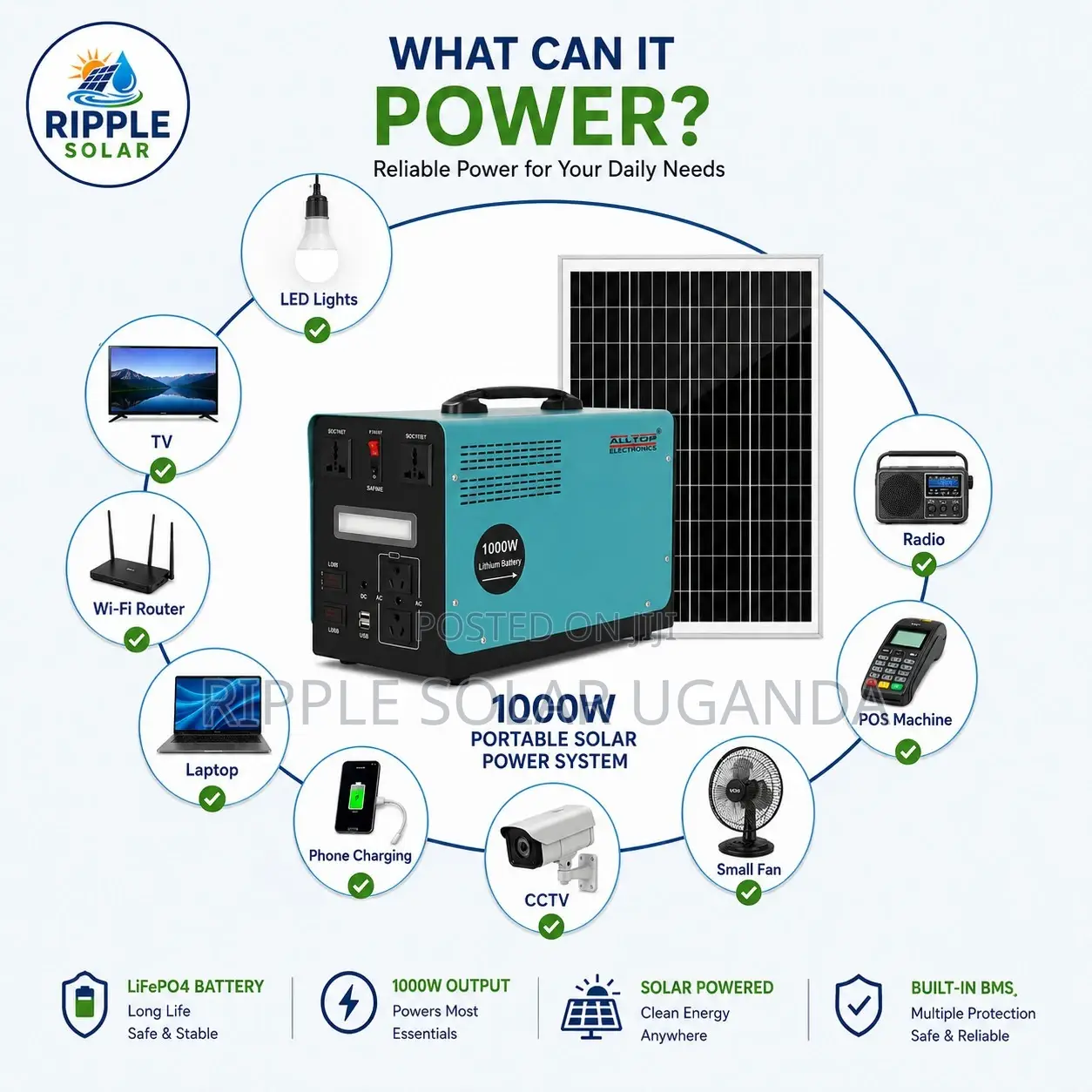 1000w Portable Solar Power System Lifepo4 Battery With 180w Panel