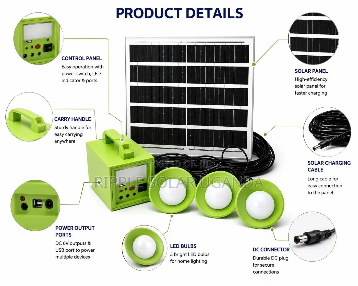40W Portable Solar Lighting Kit With 3 LED Bulbs USB Charging