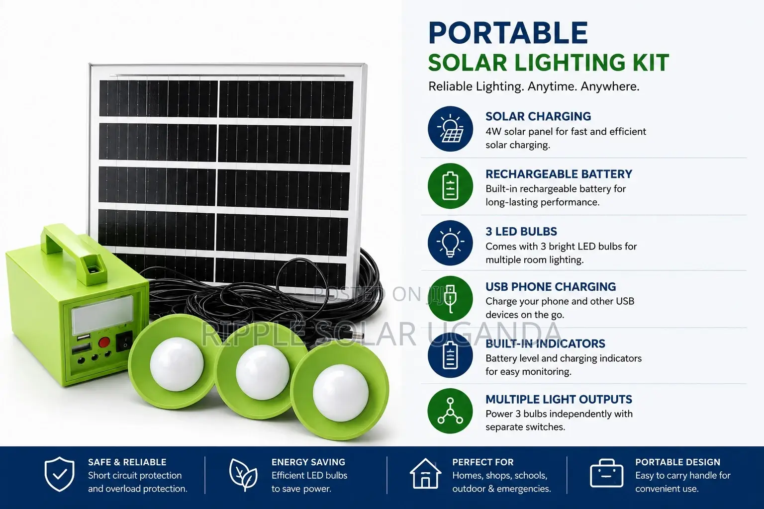 40W Portable Solar Lighting Kit With 3 LED Bulbs USB Charging