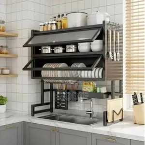 2-Tier Over-the-Sink Dish Rack Features Protective Flip-Top Cabinet .
