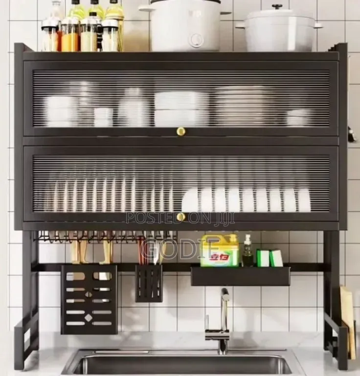 2-Tier Over-the-Sink Dish Rack Features Protective Flip-Top Cabinet .