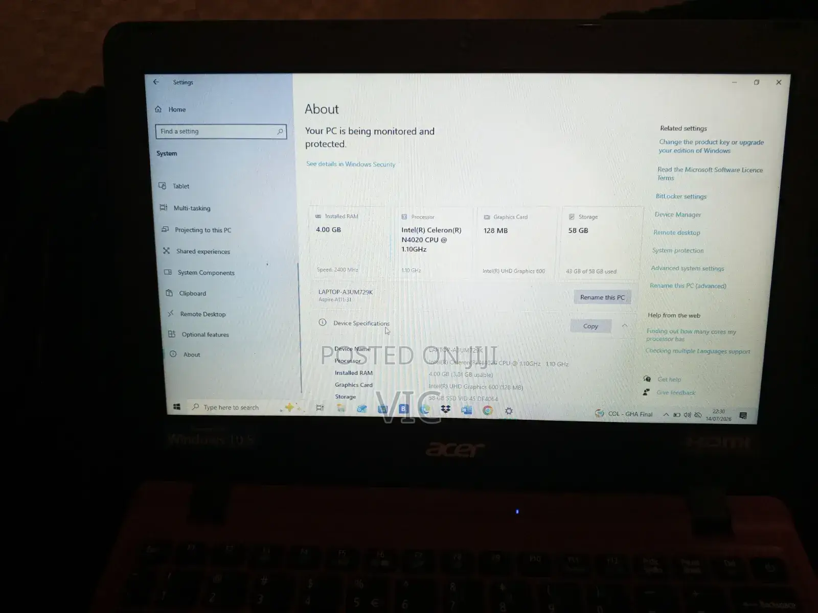 Laptop Acer Aspire 1 A114-31 4GB Intel Celeron SSD 60GB