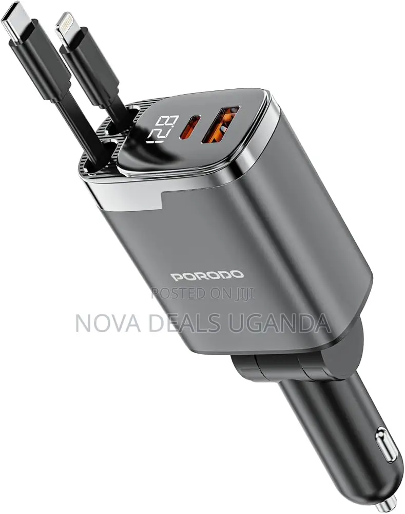 Porodo 111W Car Charger, Fast Charger With Dual Retractable Cables