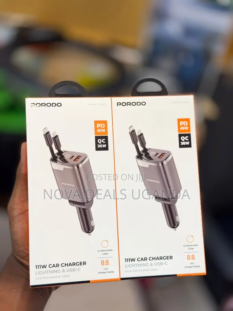 Porodo 111W Car Charger, Fast Charger With Dual Retractable Cables