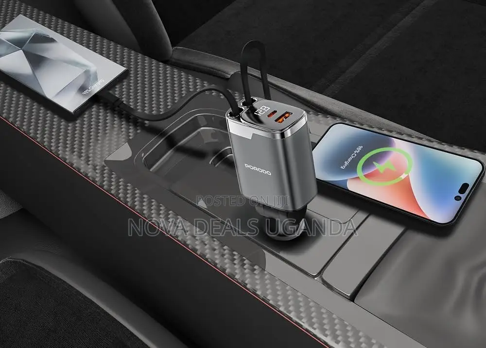 Porodo 111W Car Charger, Fast Charger With Dual Retractable Cables