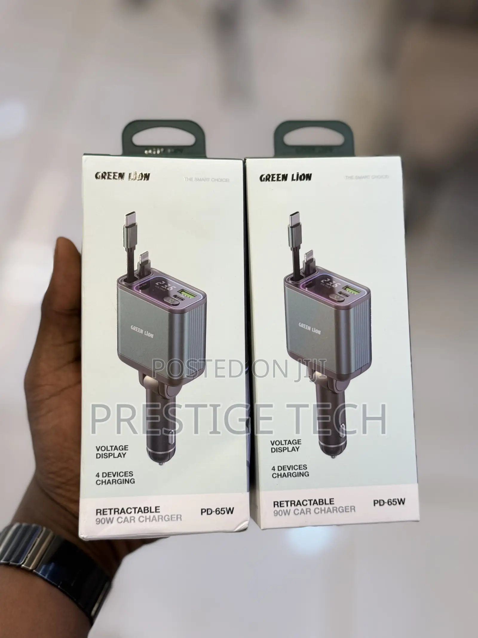 Green Lion 90W Car Charger With Dual Retractable Cable Digital Display