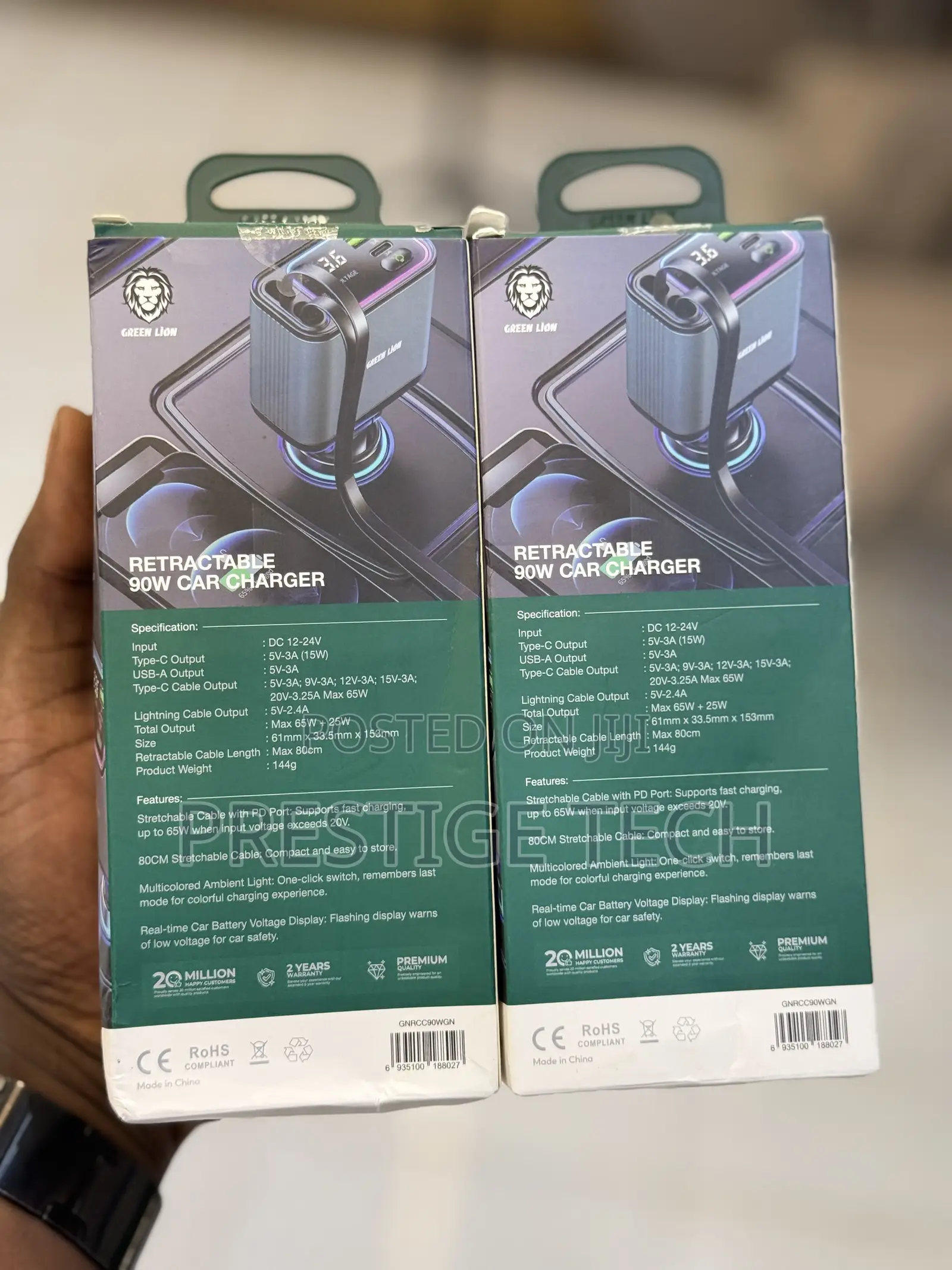 Green Lion 90W Car Charger With Dual Retractable Cable Digital Display