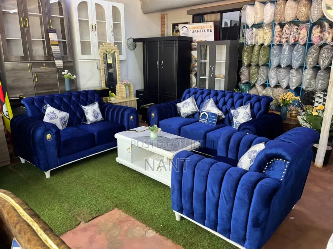 Luxury Royal Blue Velvet Sofa Set in Chester Field Style 6 Seater 3+2+