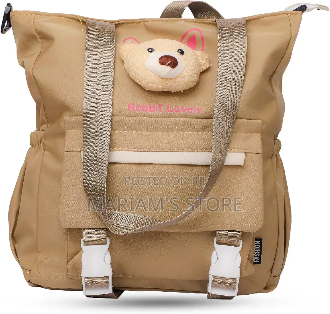 Beige Tote Bag Features a Small, Detachable Teddy Bear Pouch Charm