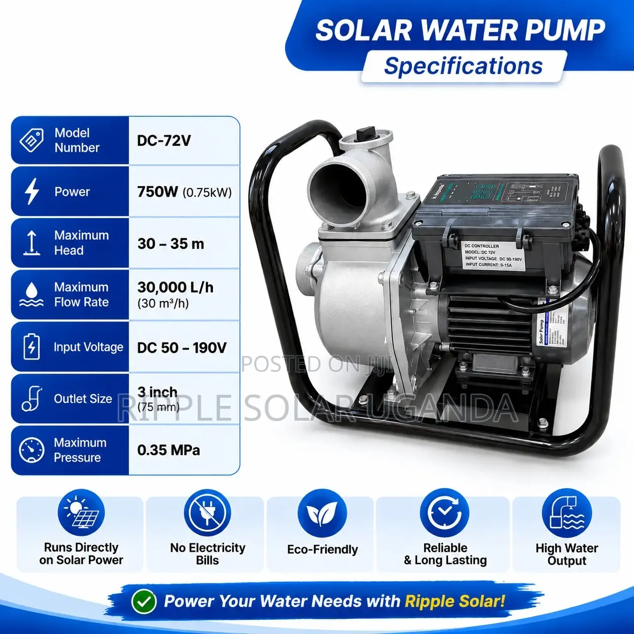 1500W Solar Surface Water Pump 19m Head 43000l/H 110V DC