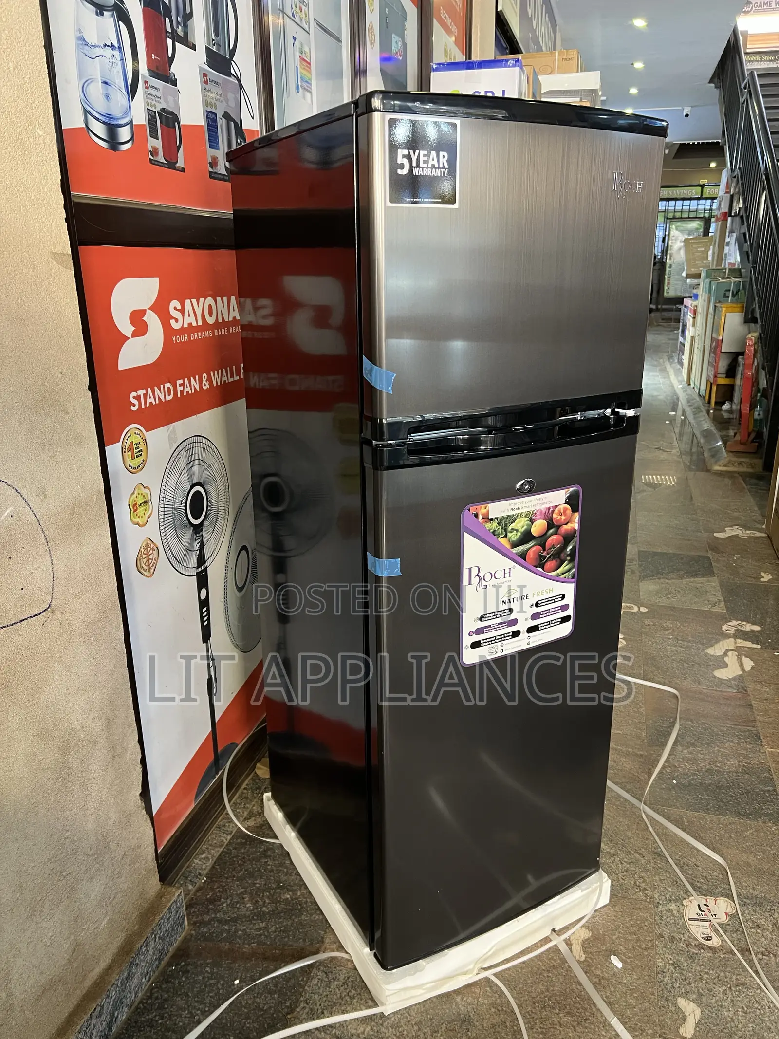 Roch 230l Double Door Fridge,ash Black With 5years Warranty. Defrost