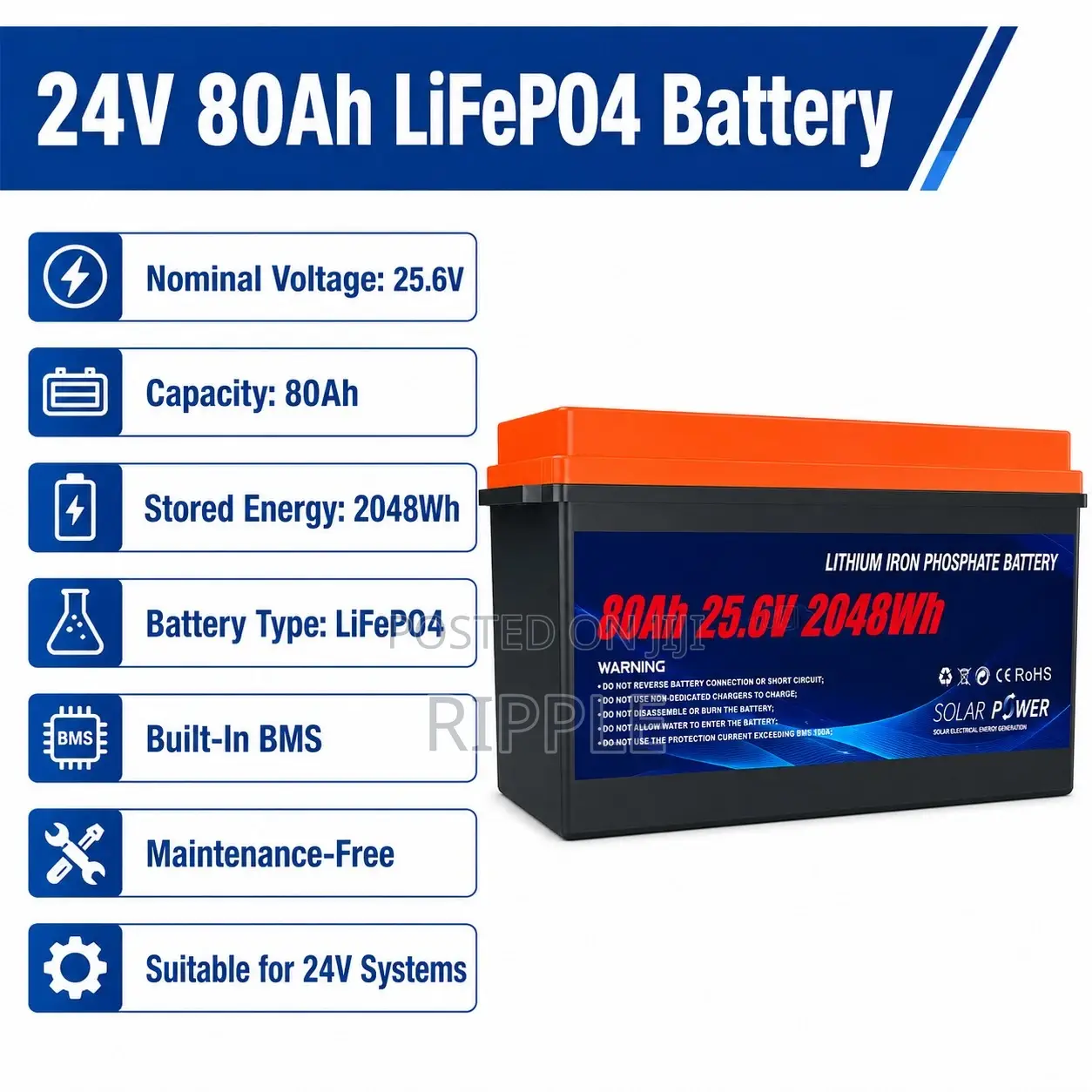 24V 80Ah LiFePO4 Lithium Battery 2048Wh Solar Backup
