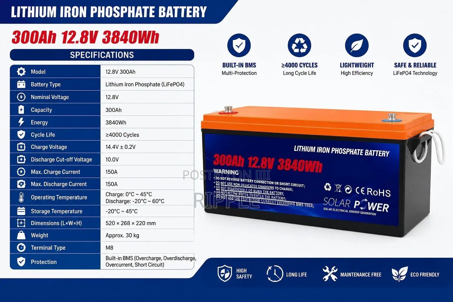 12V 300Ah LiFePO4 Lithium Battery 3.84kWh Solar Backup