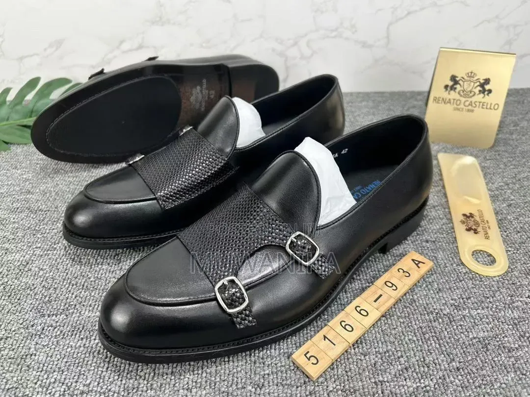 Franco Banett Woven Leather Double Monk Strap Dress Shoes-Black