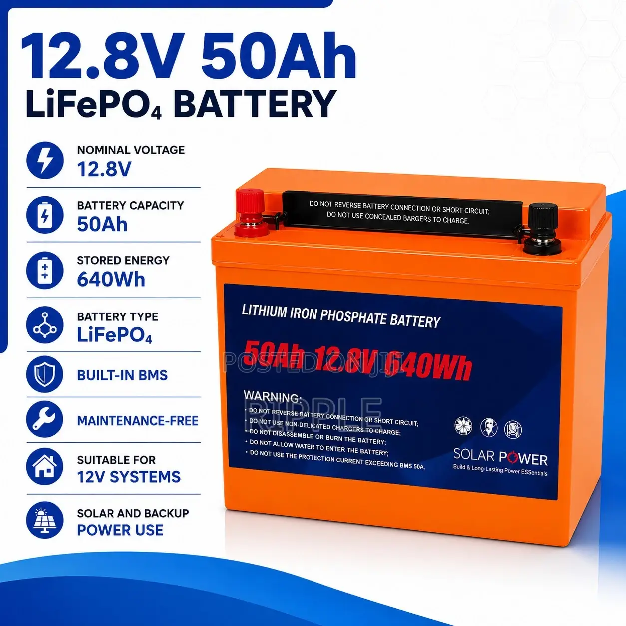 640Wh LiFePO4 Lithium Battery 50Ah Solar Backup 12V