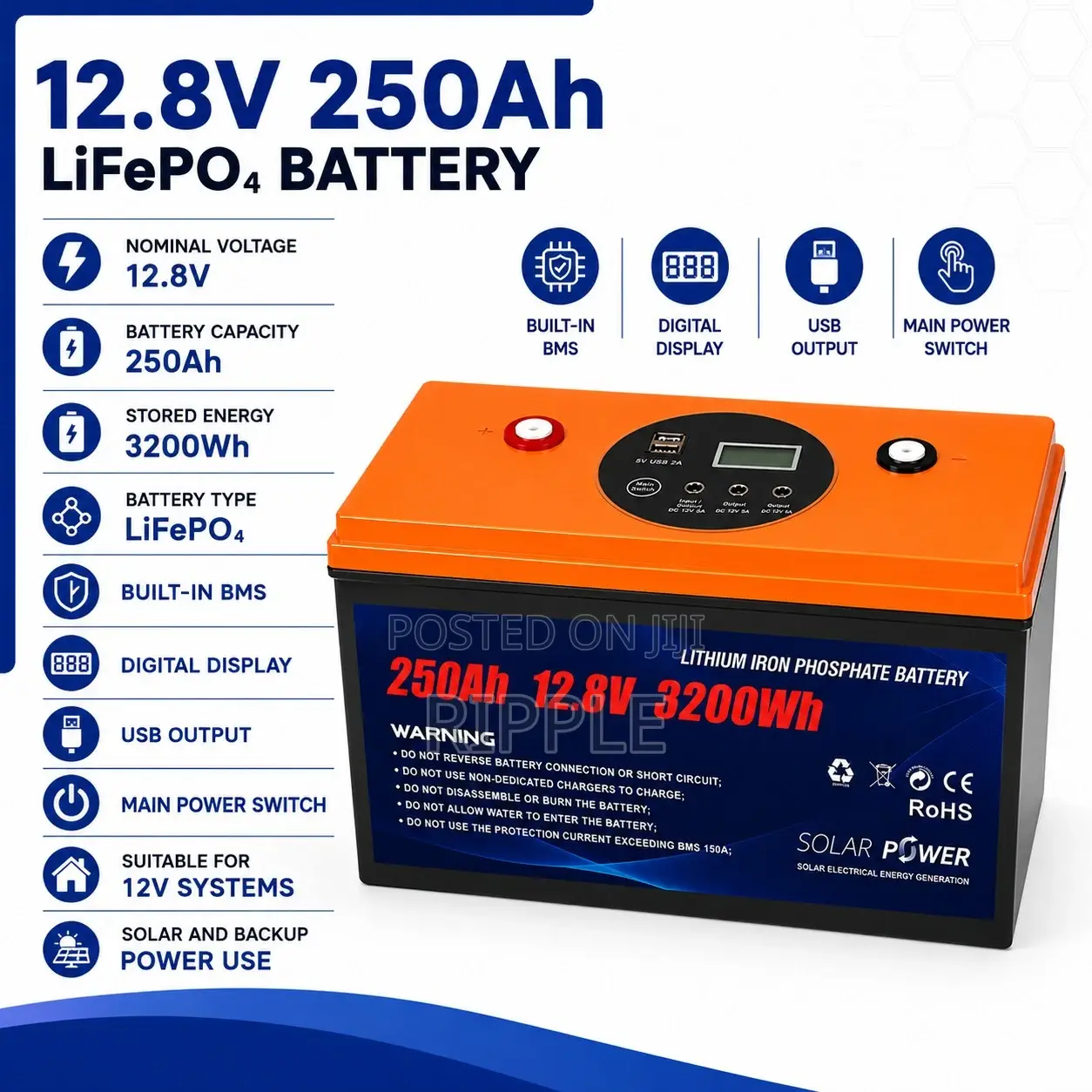 3200Wh LiFePO4 Lithium Battery 250Ah Solar Backup 12V