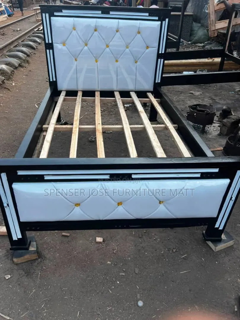 Bed 4by6 White Leather and Gold Buttons in Black Bed Flame