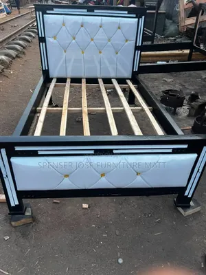 Bed 4by6 White Leather and Gold Buttons in Black Bed Flame