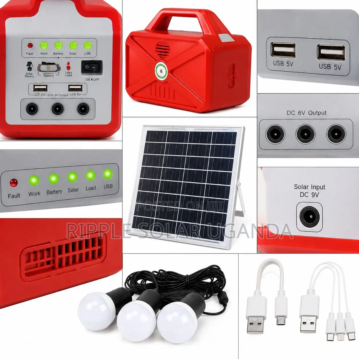 66W Solar Home Lighting Kit 3 Bulbs FM Radio USB Charging