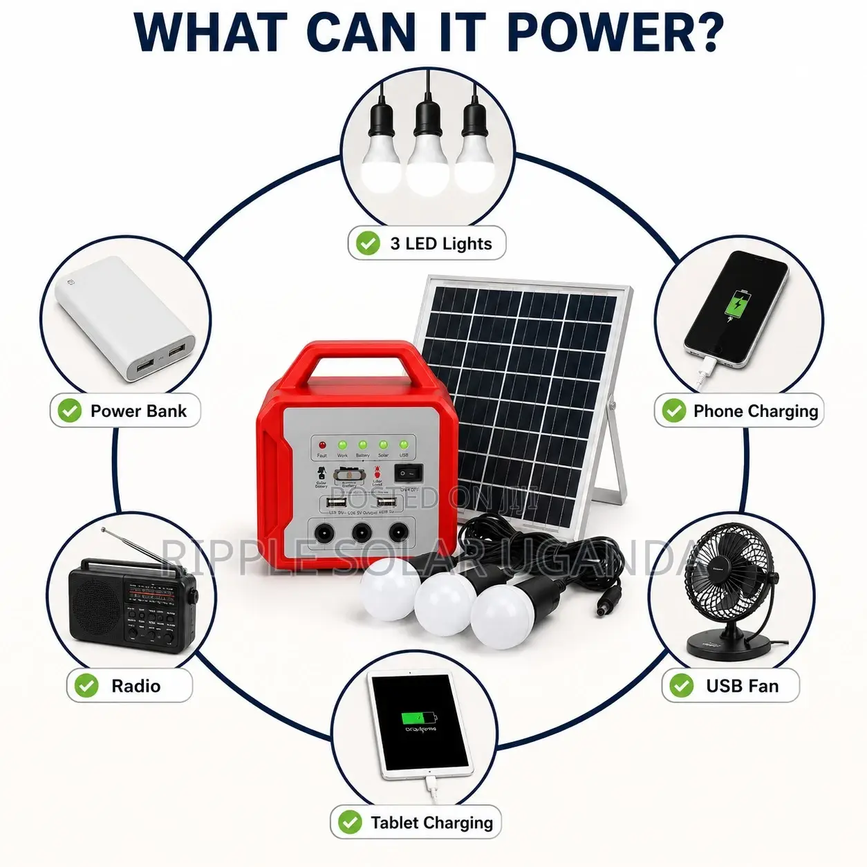66W Solar Home Lighting Kit 3 Bulbs FM Radio USB Charging