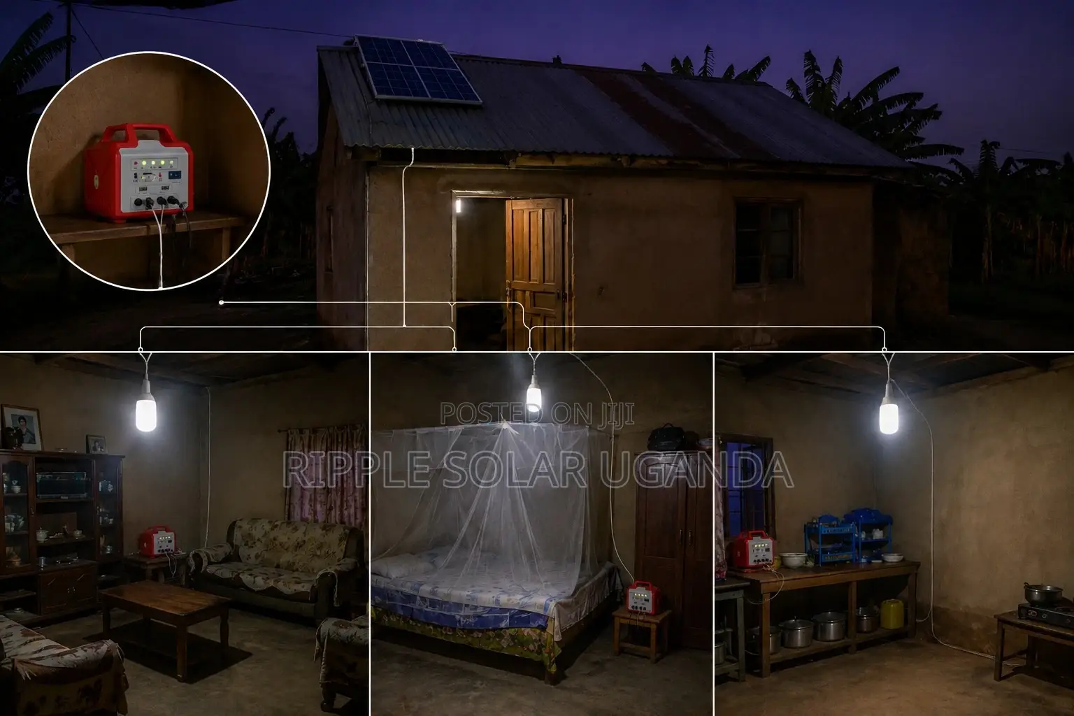 66W Solar Home Lighting Kit 3 Bulbs FM Radio USB Charging