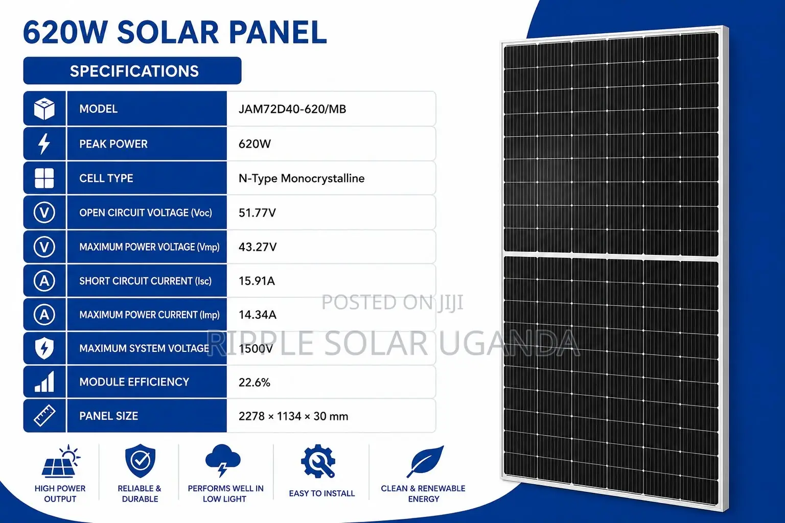 620W Monocrystalline Panel High Efficiency N-Type