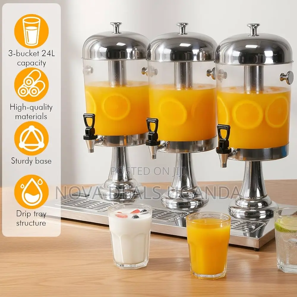 Triple Juice Dispenser, 3-Bucket 8L, Stainless Steel, With Drip Tray