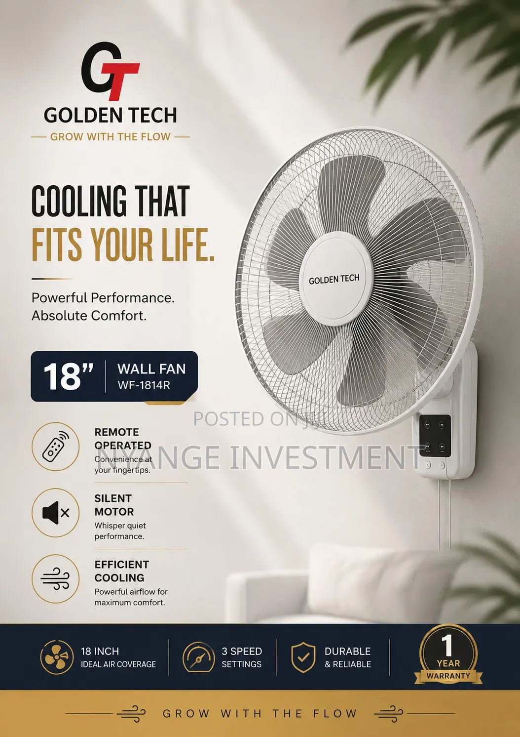 18-Inch Golden Tech Wall-Mounted Fan. Big Sized Fan