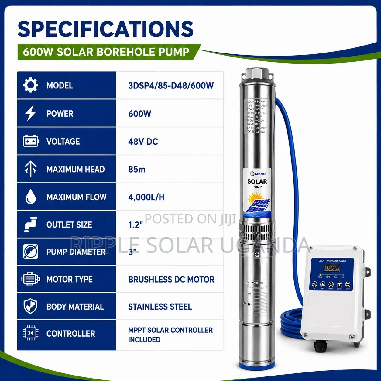 600W Solar Water Pump – 85m Head 4,000l/H 48V DC
