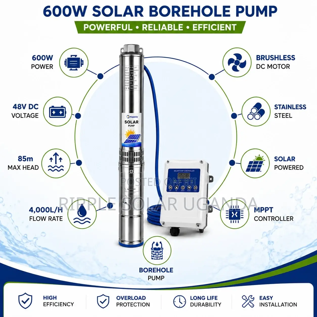 600W Solar Water Pump – 85m Head 4,000l/H 48V DC