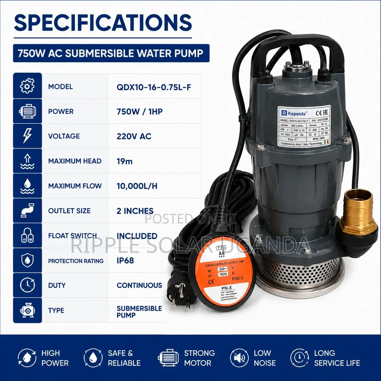 750w AC Submersible Water Pump 19m Head 10000l/H 220v