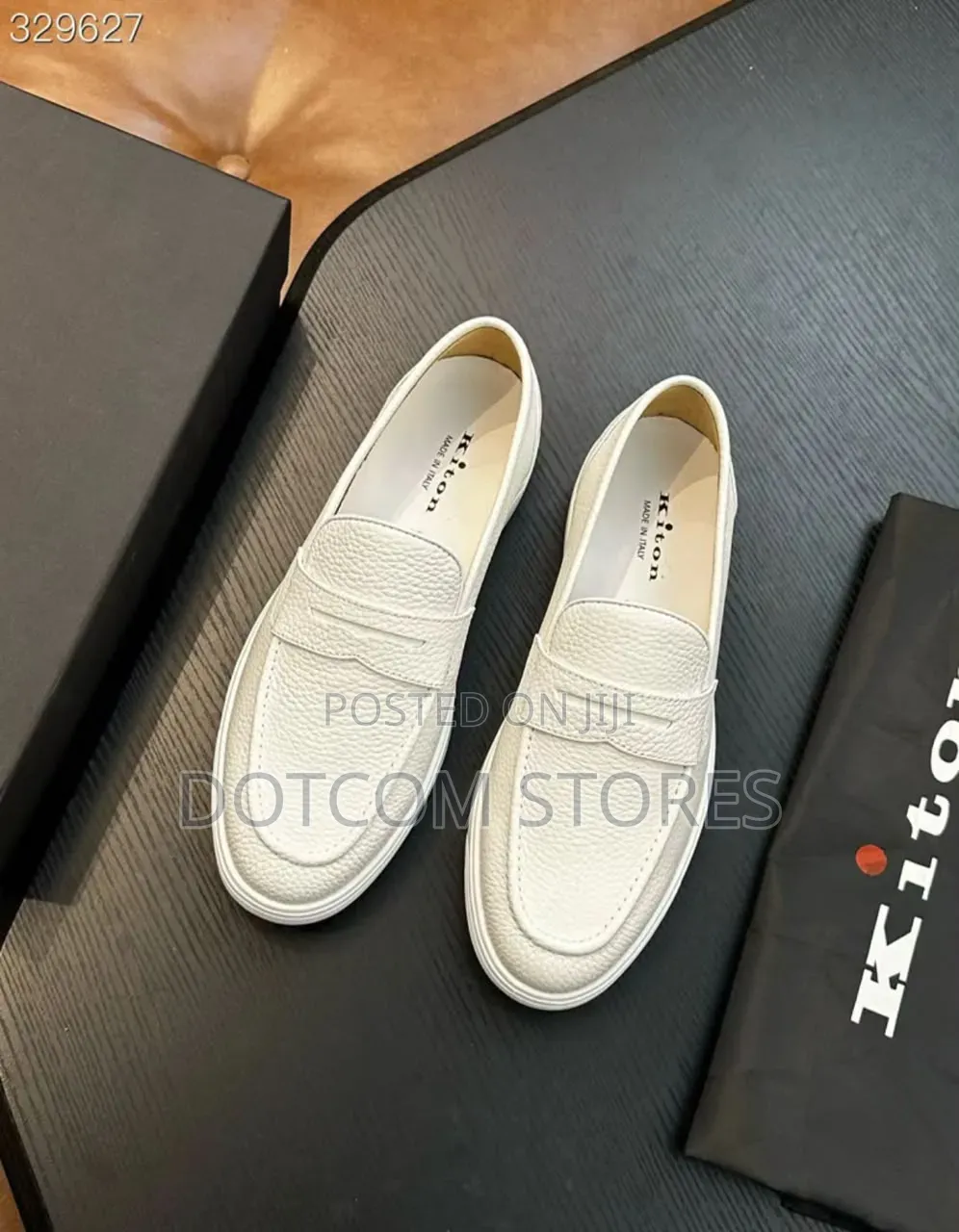 Kiton Black Grained Leather Penny Loafers,
