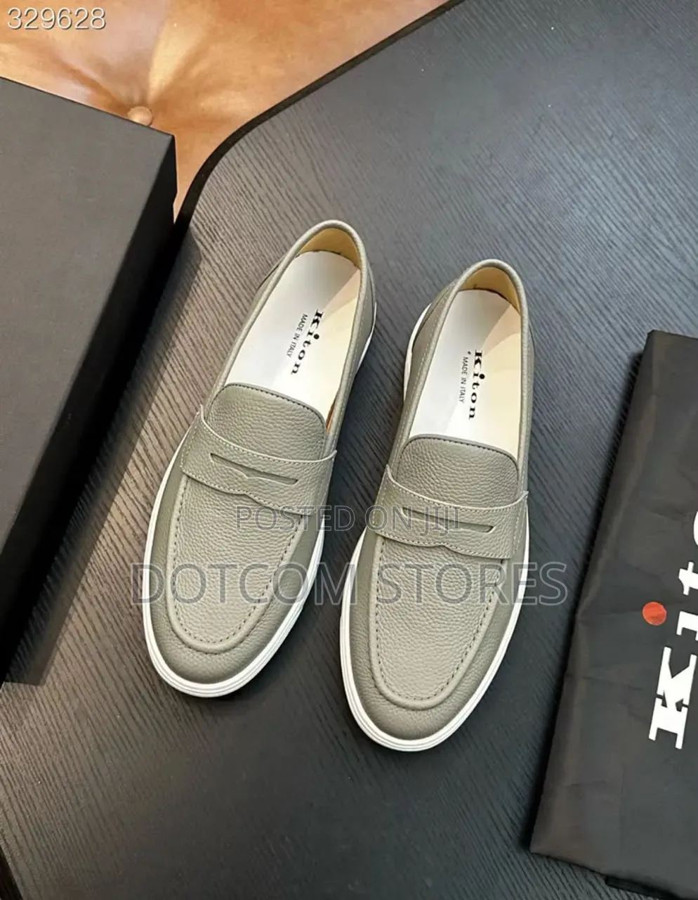Kiton Black Grained Leather Penny Loafers,