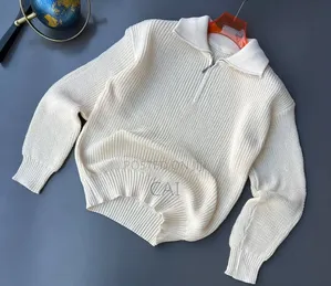 Cream/Navy Blue Collar Fold Quarter Zip Sweater