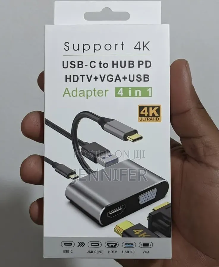 4-in-1 USB-C to HDMI (HDTV), VGA, USB 3.0, and PD (Power Delivery)