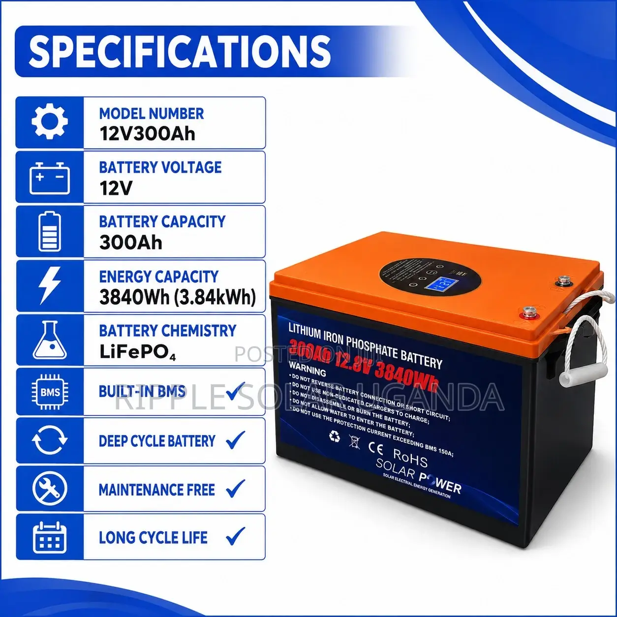300Ah Deep Cycle Lithium Battery for Solar Systems 12V